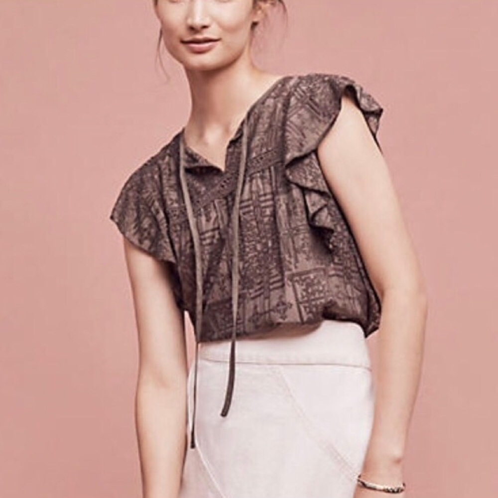 Anthro Hiche Olive Green Flutter Top Side:M NWOT